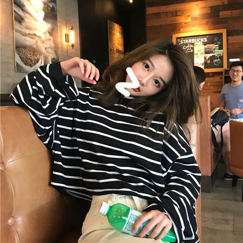 

Autumn Women Striped T-shirt Loose Casual Long-sleeved Trend Korean Style Lazy Tee Oversize Female Tops Clothing