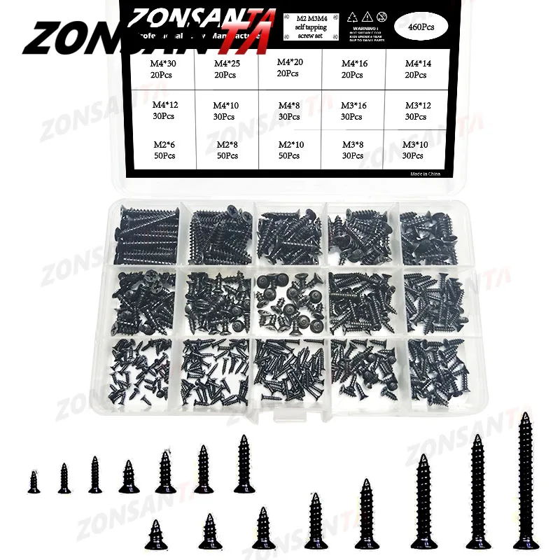 ZONSANTA 460pcs Black Countersunk Flat Head Self Tapping Screws Set M2 M3 M4 Carbon Steel Cross Wood Screw Assortment Kit