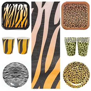 

Animal Stripe Series Paper Plates Napkins Straw Tablecloth Disposable Tableware Set Leopard Print Theme Party Supply Decoration