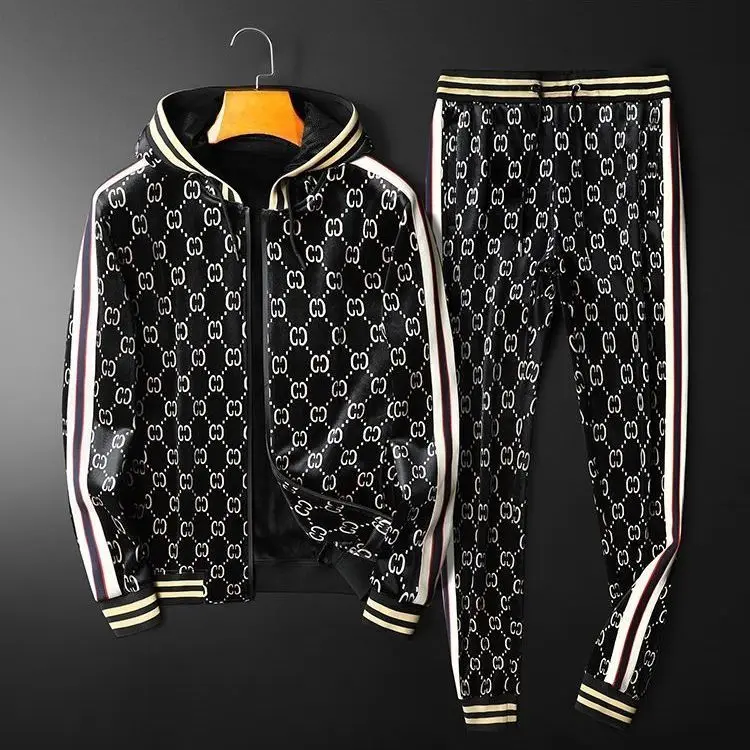 

Casual Sports Suit Autumn and Winter Fashion High-End Men's Pleuche Printed Hooded Two-Piece Set