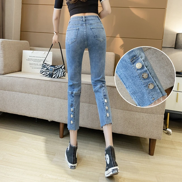 Mrat Full Length Pants Jeans Workout Leggings for Women Ladies Fashion High  Waist Wide Leg Stretch Thin Stitching Denim Flared Pants Plaid Pants For