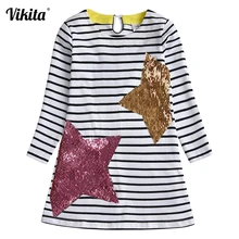 VIKITA/платье для девочек с блестками; Рождественский костюм для девочек; Детские платья с длинными рукавами; осеннее Хлопковое платье с блестками для малышей
