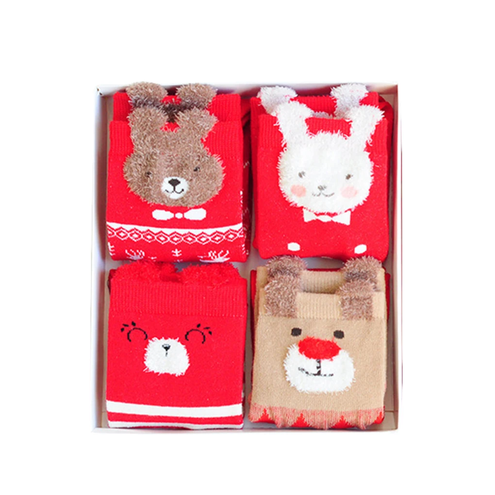 4 Pairs Cute Children Cartoon Printed Animal Socks Breathable Kids Mid Calf High Socks Christmas New Year Gift