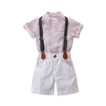 

1-5 Years Boy Suit Clothes Summer Kids Holiday Outwear Boys Dress Shirt and Tie Littler Child Costume Geometric Print Pink White