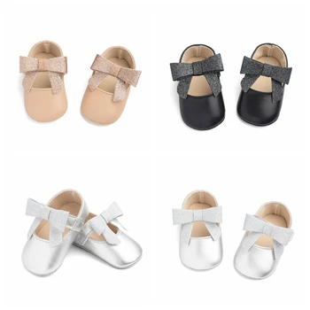 

2019 New Newborn Baby Girl Bow Princess Shoes Soft Sole Crib Shoes Leather Solid Flat Baby Shoes 3 Colors