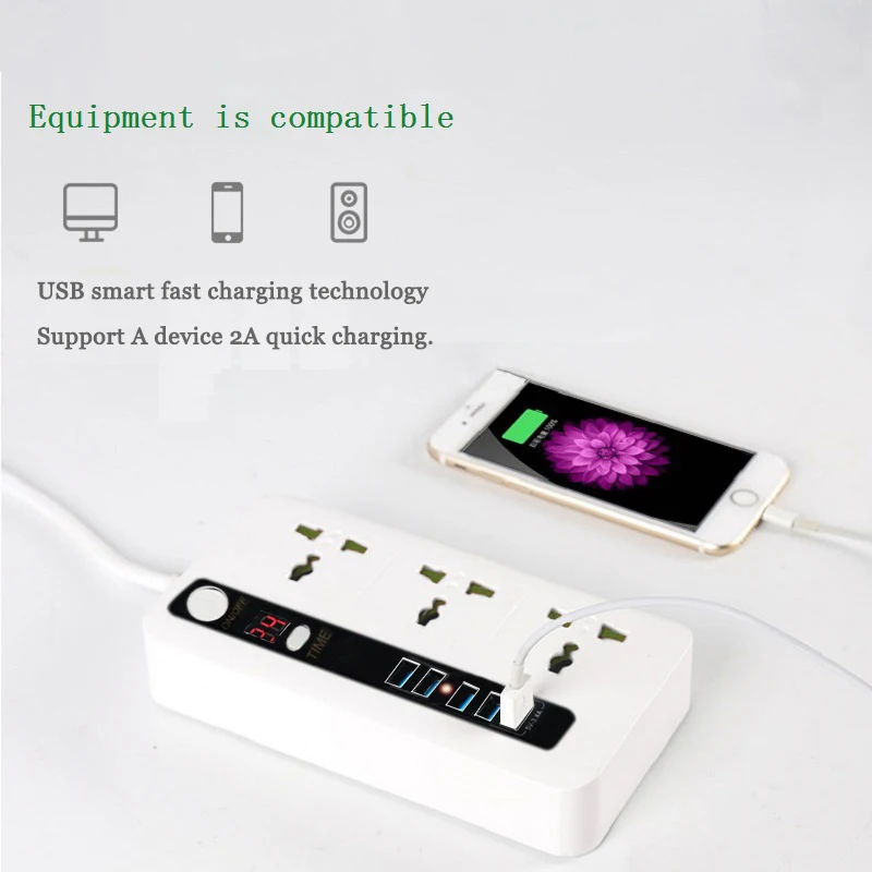 Плата питания розетка с таймером Вилка европейского стандарта 3AC Soquete multifuncional universal Porta de carregamento 4USB Cabo de extensão 2M Tomada elétrica