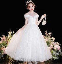 2022 New Children's Flower Girl Autumn Catwalk Birthday Long Host Banquet Wedding Dress White Lace Simple Ball Gown Exquisite