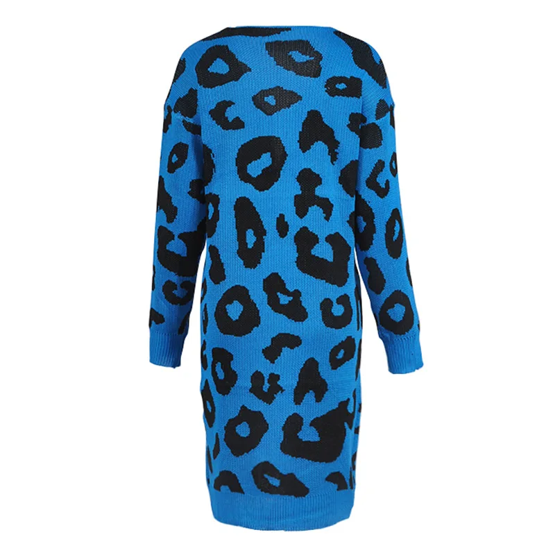 Women Long Knitted Sweater Leopard Print Long Sleeve Pocket Knitwear Outerwear Female Autumn Jumpers Tunics Long Cardigan