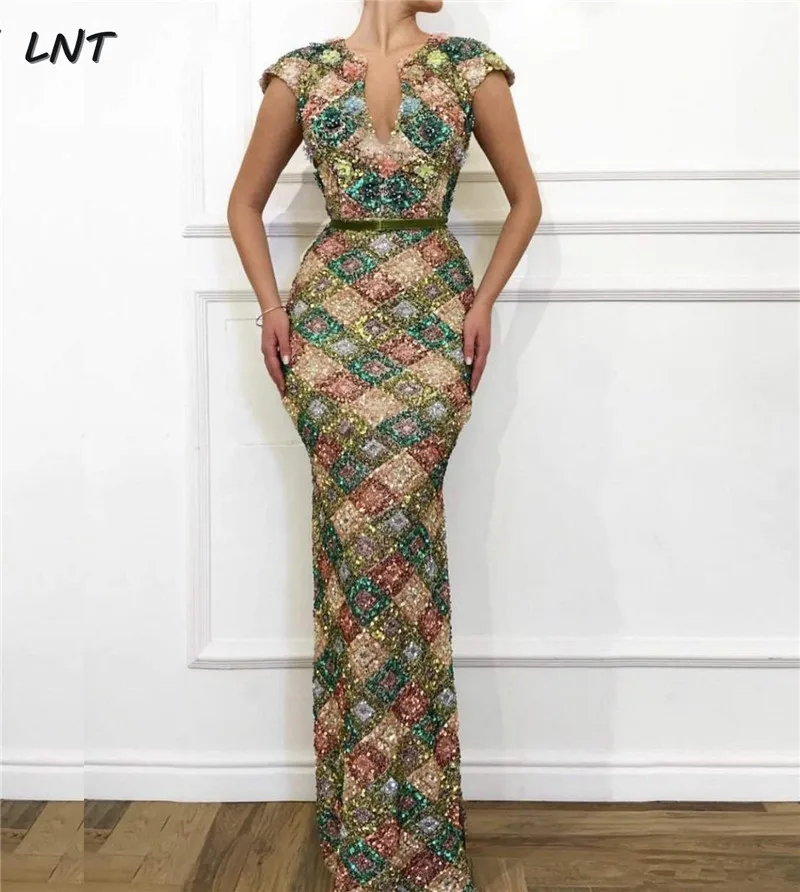 

Floor Length Sequin Retro Evening Gowns Cap Sleeves Formal Occasion Dresses Party
