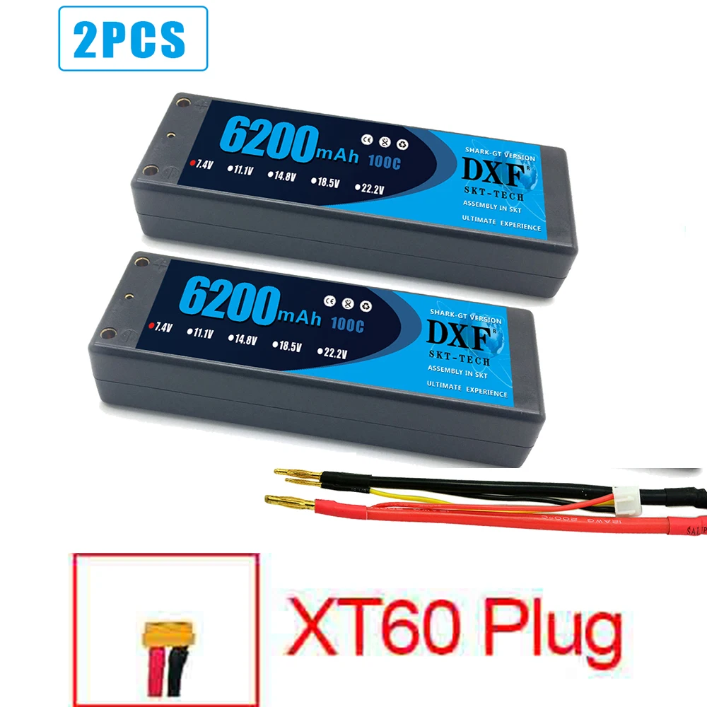 DXF 2 шт.-полимерным аккумулятором RC Lipo 2S 7,4 V 5200 мА/ч, 6200 мА/ч, 6500 мА/ч, 8000 мА/ч, 50C 100C 120C 240C 4,0 мм на колесиках для Слэш 4X4 автомобиля - Цвет: 2PCS2S6200HARDXT60
