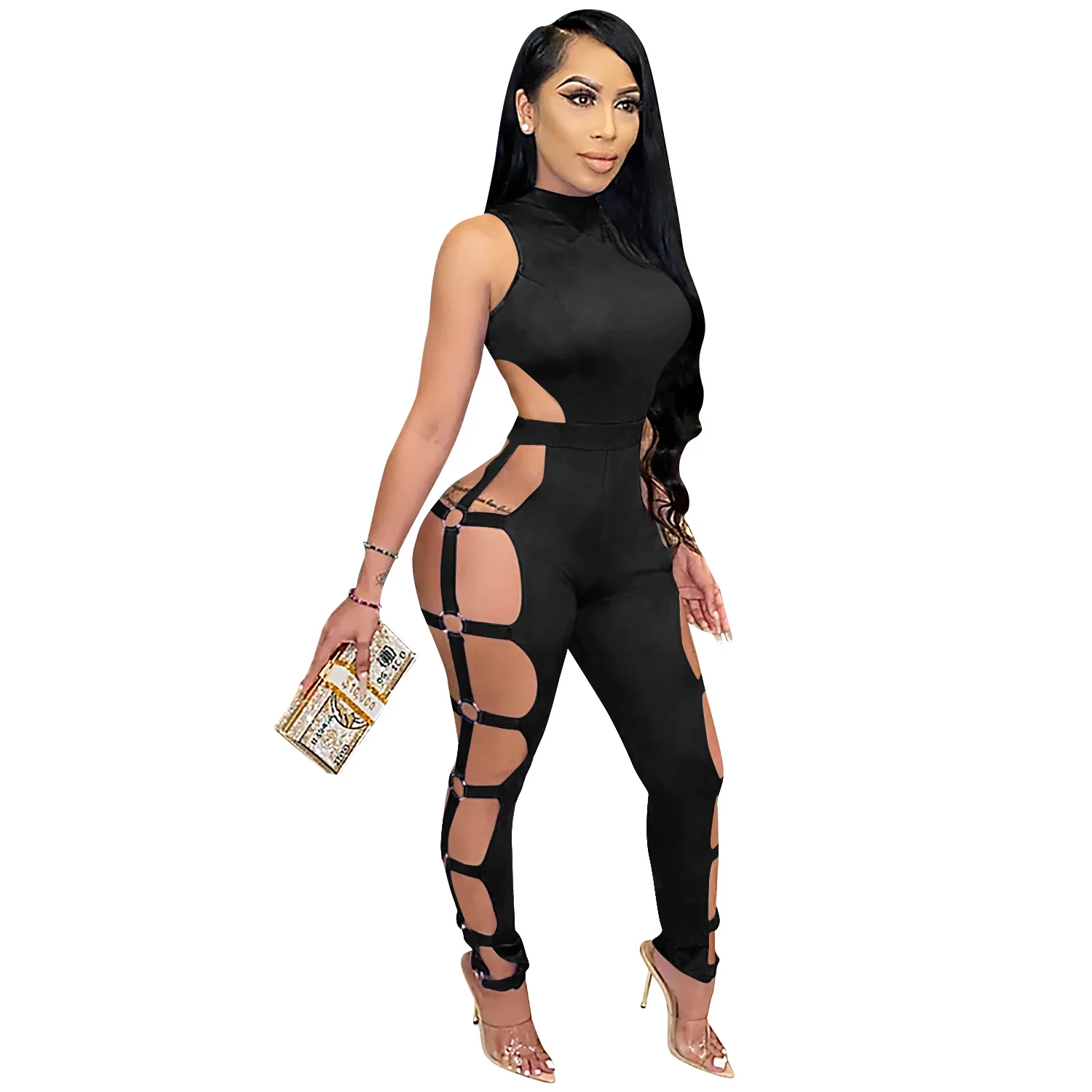 

Zoctuo Solid Jumpsuits for Women Sexy Hollow Out Jumpsuit Sleeveless Turtleneck Playsuit for Womens Overalls Club Long Rompers