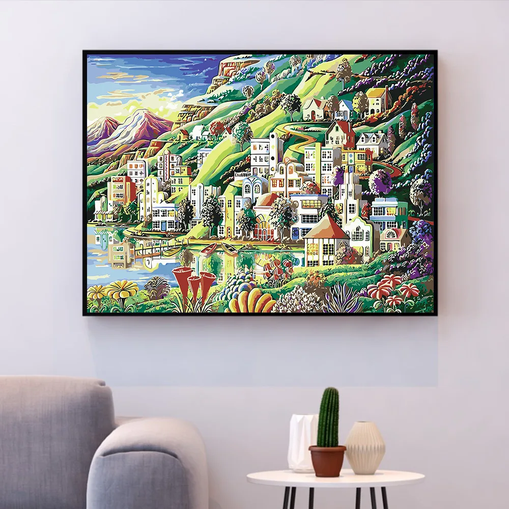 HUACAN картина маслом по номерам Небольшой городок декорации Coloring By Numbers Наборы для рисования на холсте домашнего декора