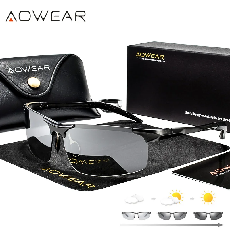 AOWEAR 알루미늄 편광 광변색 선글라스, 무테 카멜레온 안경, 남성 주간 야간 운전 선글라스, 럭셔리 품질
