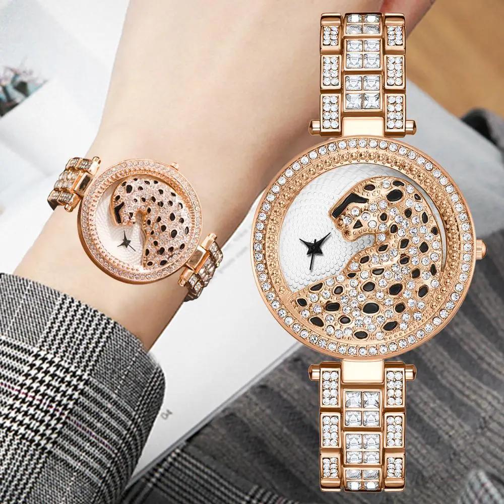 

Top Women Quartz Watch Fashion Bling Casual Ladies Watch Female Quartz Rose Gold Watch Crystal Diamond Leopard For Women Clock
