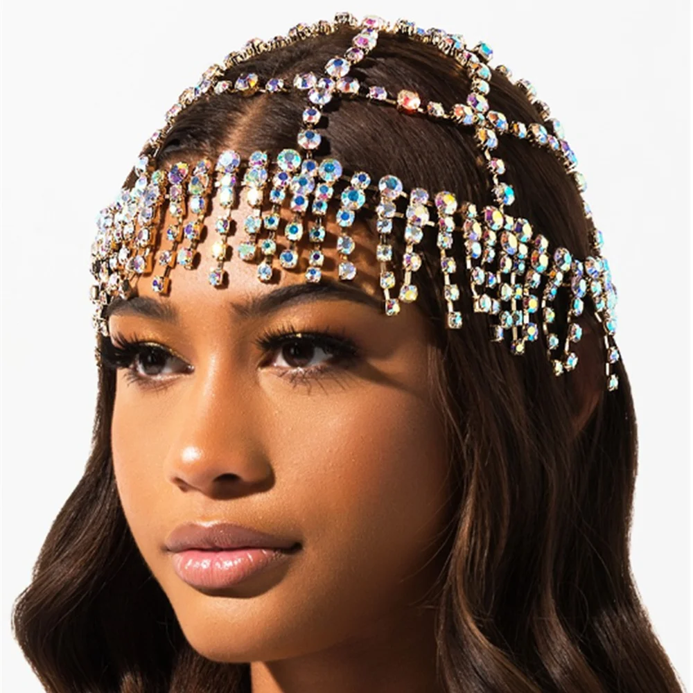 Luxury Rhinestone Forehead Headpiece Tassel Bridal Head Chain for Women Handmade Crystal Hair Piece