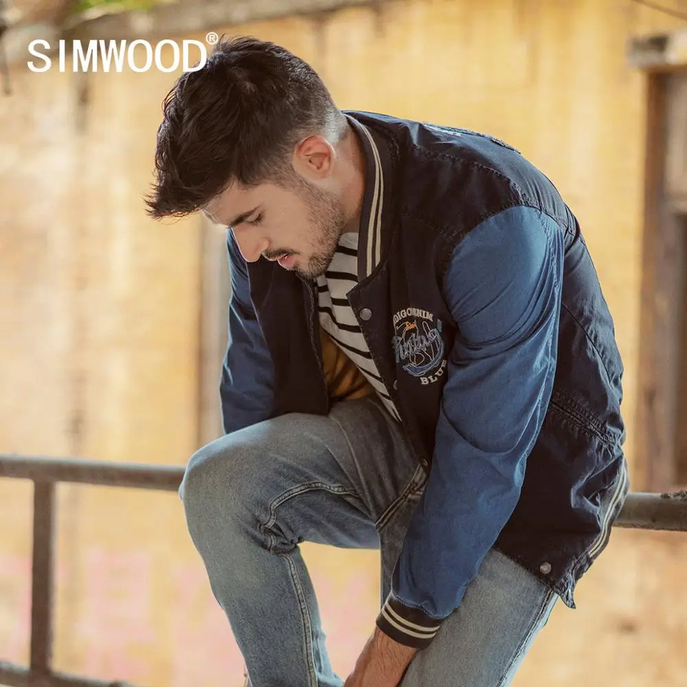 Мужская куртка-бомбер SIMWOOD модная контрастная бейсбольная куртка с вышивкой