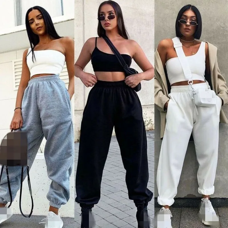 Jogger наборный Штаны Для женщин однотонные Высокая Талия клеш для девочек