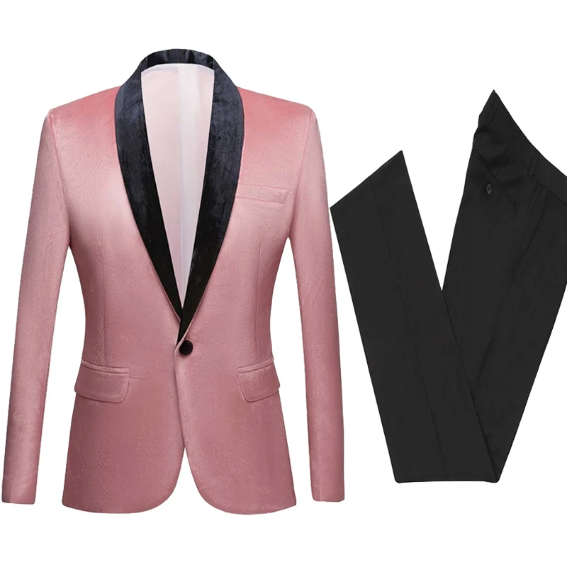 Latest Coat Pant Designs Light Pink Mans Suits For Wedding Blazers black Shawl Lapel with Soft Nap Groom Tuxedos(Jacket+Pants) | Свадьбы и