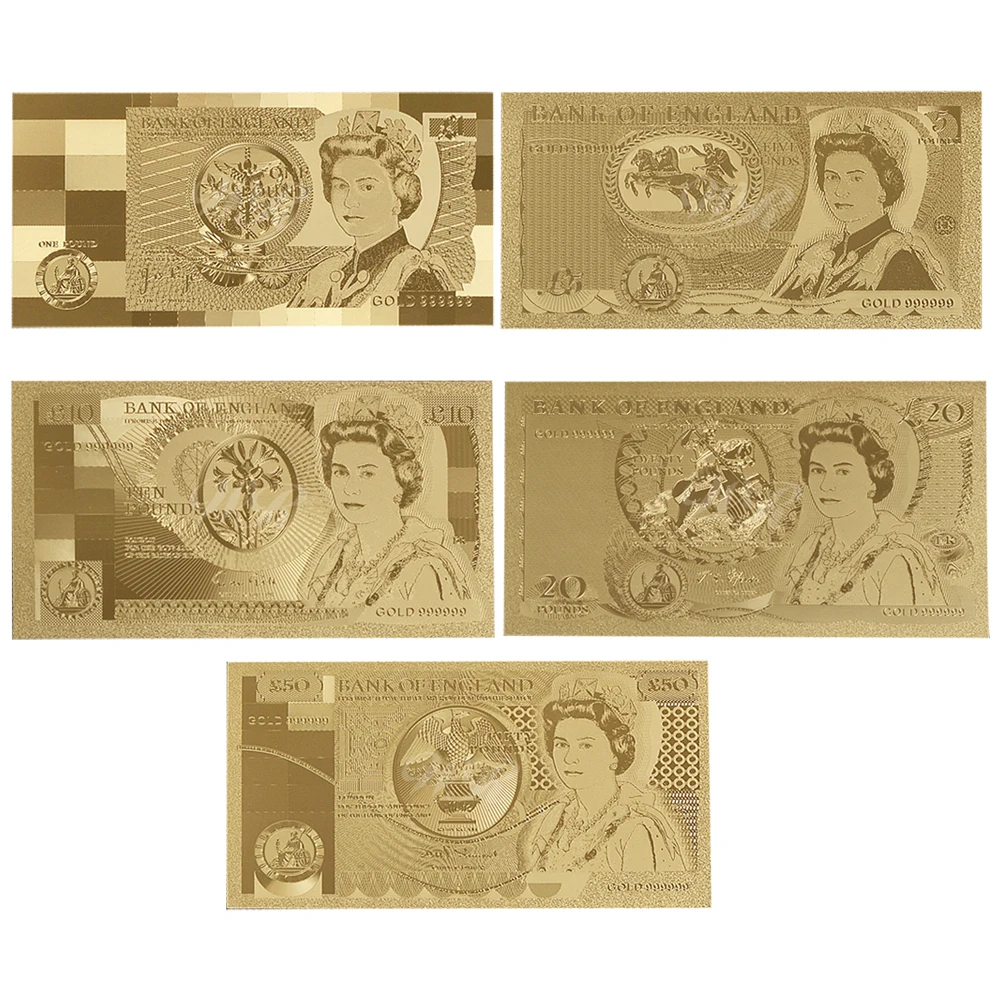 United Kindom Gold Plated Banknotes Queen Elizabeth Ii Prop Money Gbp Euro Bills Colletible Gifts