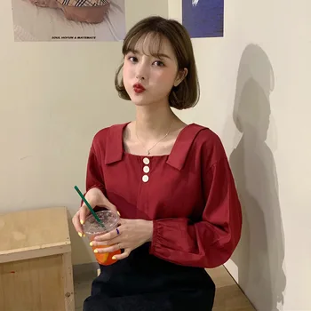 

Autumn Dress 2019 New Style Small, Fresh, Sweet French Square Collar, Relaxed, Age-reducing Foam Long-sleeved Shirt For Female S