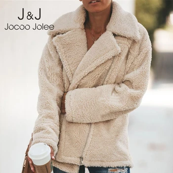 

Jocoo Jolee Women Winter Elegant Faux Fur Coat Causal England Style Overcoats Thick Warm Zipper Up Teddy Plus Size Outwear 2019