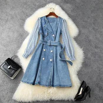 

European and American women's wear 2020 autumn new style Wave point long sleeve Fashion patchwork denim dresses