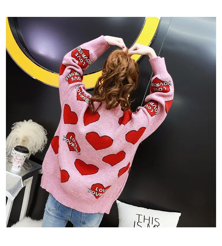 Letter Heart Oversized Sweater Women Knitted Winter Jumper Korean Harajuku Elegant Pullovers Casual Clothes Warm Loose V901