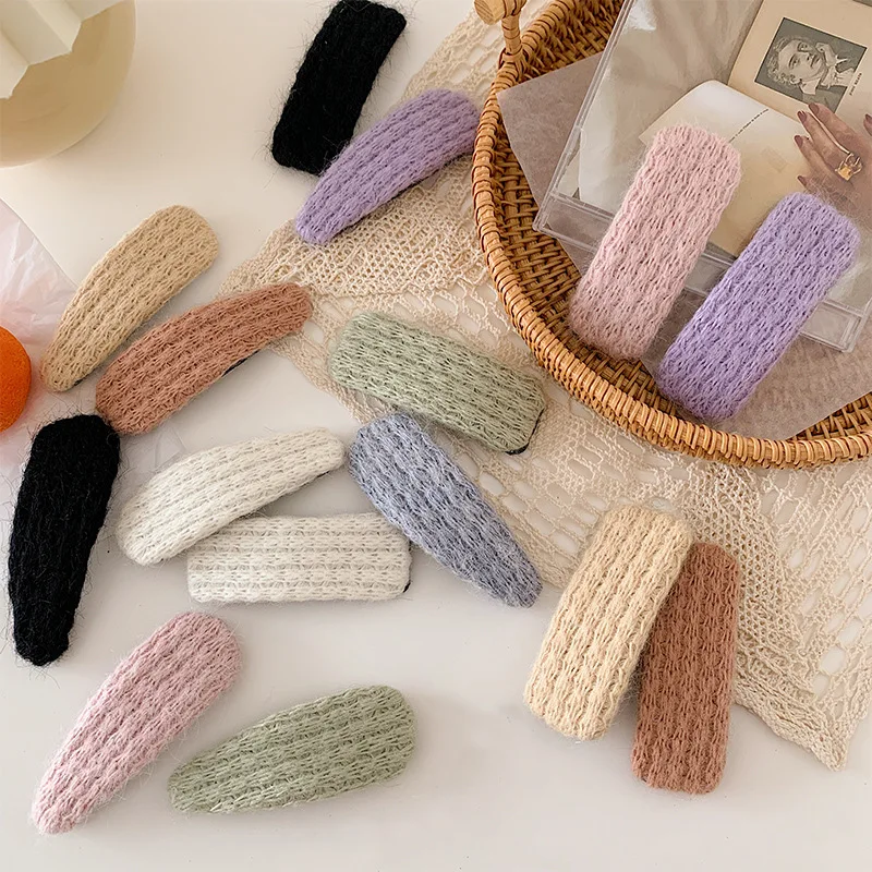 

New Wool Knitting Women Hairpins Bangs Clips Solid Color Geometric Waterdrop Rectangle Barrettes Autumn Winter Hair Accessories