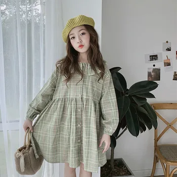 

New 4 To 14 Years Kids and Teenager Girls Ruffled Collar Button Down Dress 2020 Spring Baby Girls Cotton Plaid Clothing, #8660