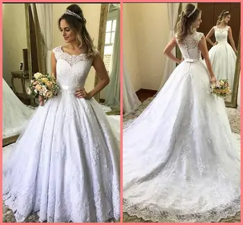 

Vestido De Novia Vintage Lace Applique Wedding Dress Court Train Button Cover Back Short Sleeve Crew Neck Vestidos Novia