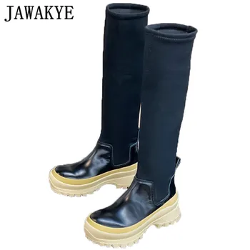 

Elastic Sock Boots Knee High Long Platform Boots Women's Flat Heel Height Increasing knight Boots martin shoes 2021