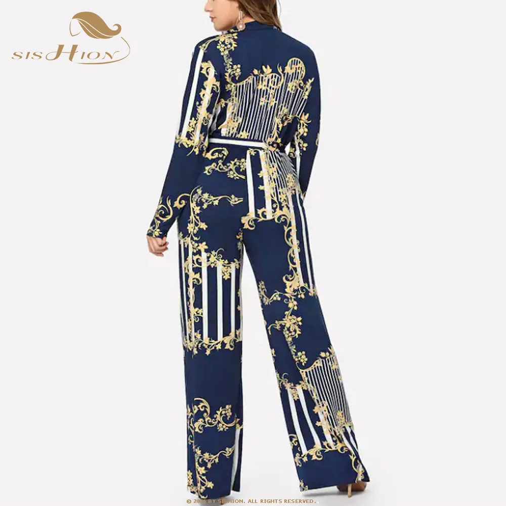 SISHION Women Casual Loose Jumpsuit VD1260 Long Sleeve Print Striped Rompers Trousers Elastic Overalls for Women
