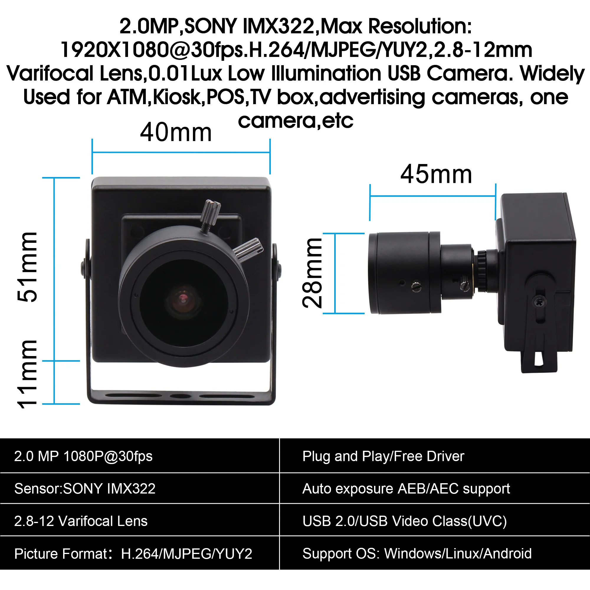 USB камера наблюдения 2 мегапикселя 1080P 8 12 мм варифокальный Низкое освещение CCTV Sony
