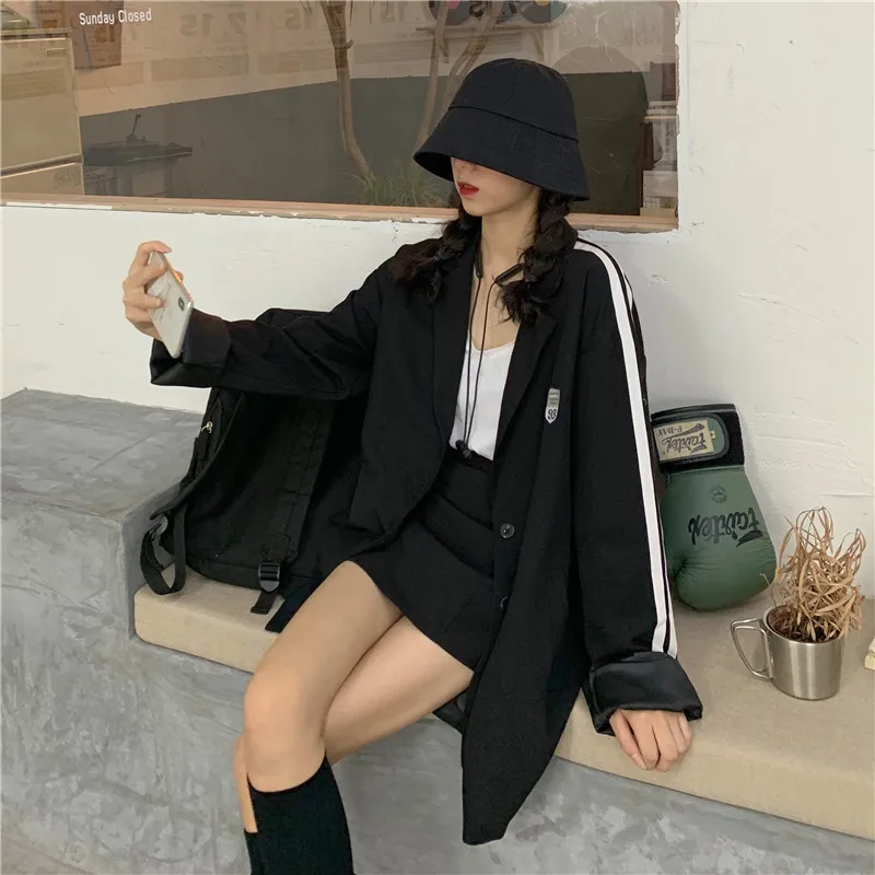 

2019 Autumn New Style Korean-style Online Celebrity Stripes Mid-length Versatile Super Fire CEC Black And White with Pattern Lon