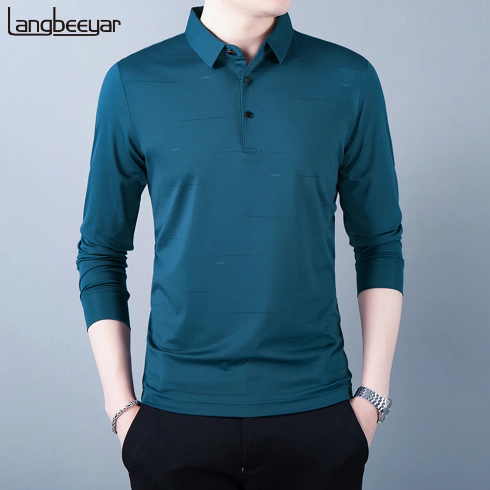 

2020 High Quality Fall New Fashion Brand Spandex Plain Mens Polo Shirt Turn Down Collar Casual Long Sleeve Tops Men's Clothing
