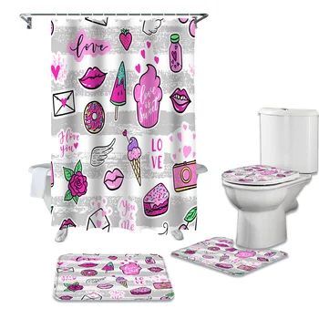 

Pink Food Dessert Rose Lip Print Shower Curtains Set Bath Mat Set Toilet Cover Waterproof Bathroom Shower Curtain and Rug Sets