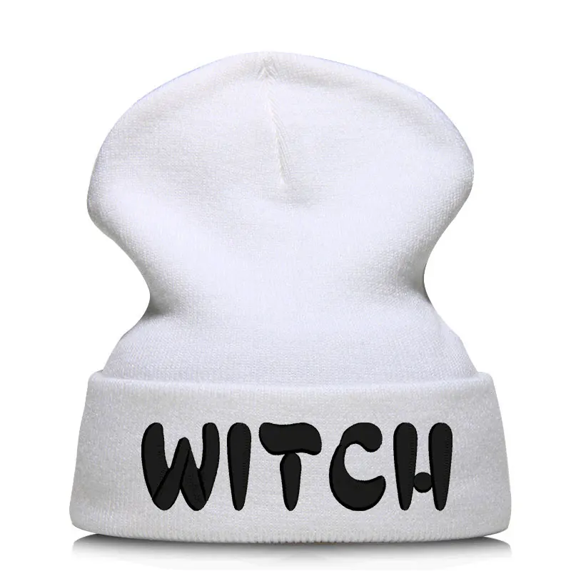 Beanie шляпа Skullie шапка, вязаная шапка-носок зима-осень вышивка в стиле панк Для мужчин Для женщин подростков уличных танцев забавные хип-хоп-ведьма - Цвет: Белый