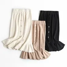 Винтажная Гибкая эластичная высокая талия с рюшами однобортная теплая трикотажная юбка для женщин женские юбки черный бежевый saia