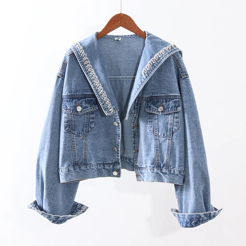 

Autumn New Loose Plus size Women Diamond Chic Navy collar Washed blue Short Denim jacket Korean Ropa de mujer Casual Jean jacket