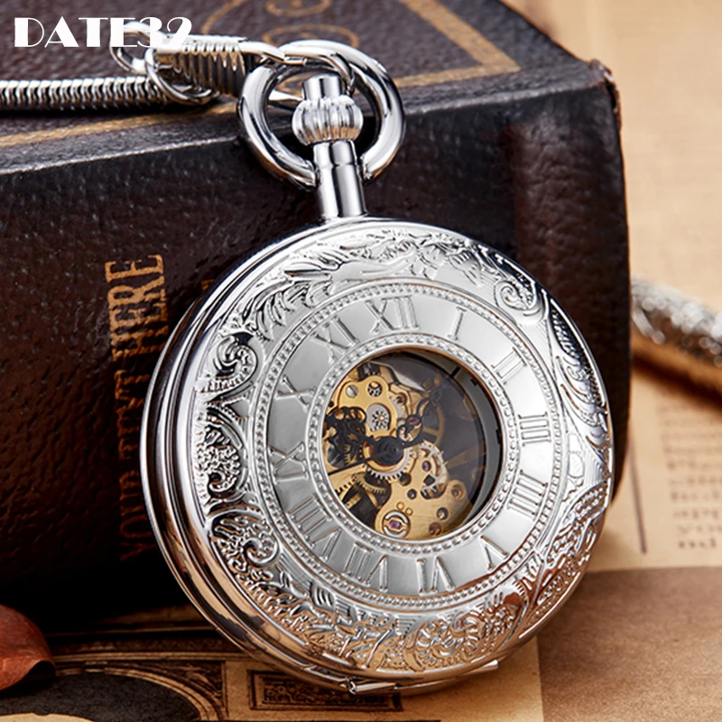 Roman Numeral Luxury Quality Copper Mechanical Pocket Watch Sliver Case Steampunk Dual Open Skeleton Fob Chain Clock for Men