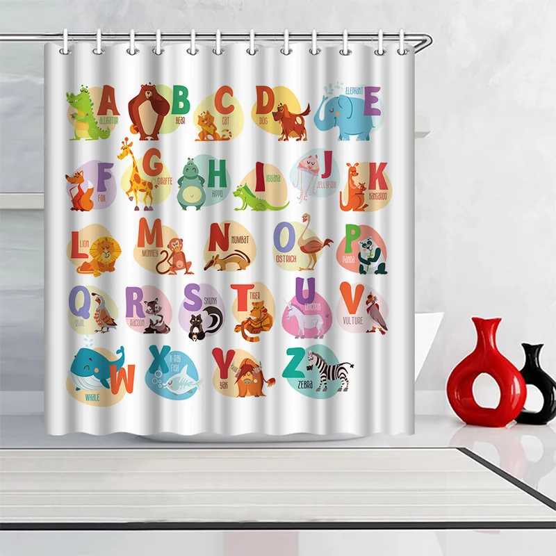 

Animal Alphabet Shower Curtain Kids Educational Bathroom Shower Curtain Polyester Fabric with Hooks 72x72inch