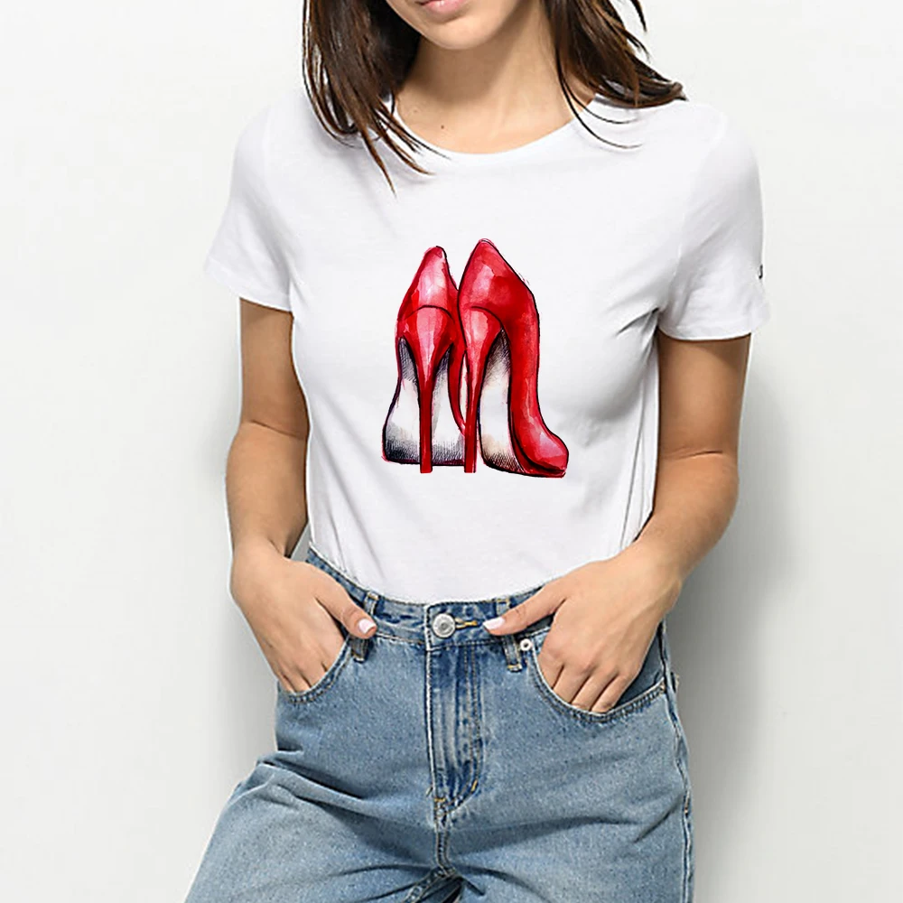 

New T shirt Women Versatile Print Top High Heeled Shoes Ropa Mujer Harajuku Pretty Fashion T-shirt Cool Retro Beautiful Tshirt