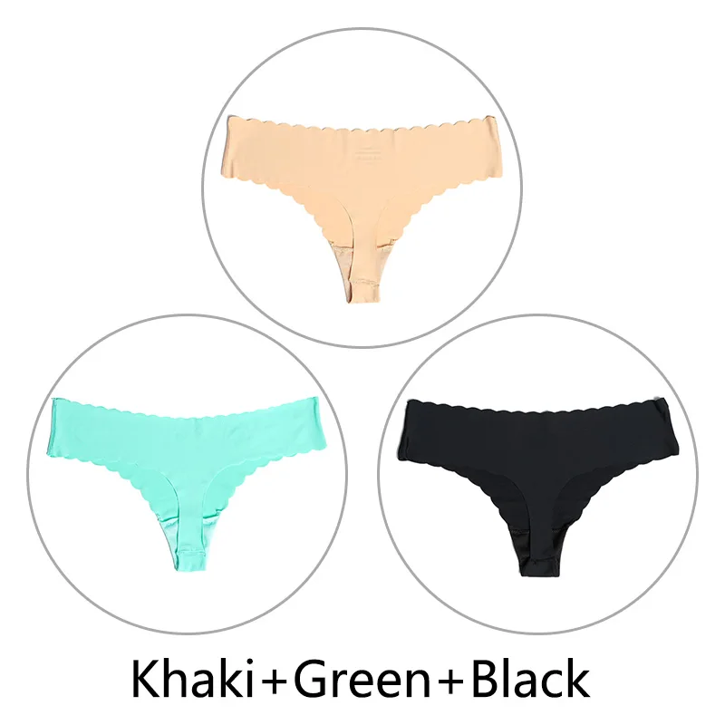 Khaki Green Black 3 шт./партия ультра-тонкий открытый Шелковый бесшовный стринги с низкой посадкой, цельные сексуальные трусики-стринги, нижнее белье для женщин, танга XS-L, американский размер - Цвет: Khaki Green Black
