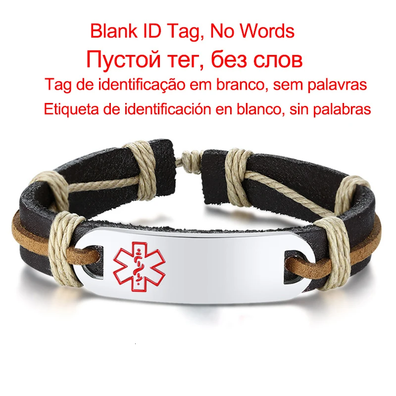 Men Retro Leather Rope Chain with Personalize Custom Engrave Medical Alert ID Bracelets for Women Reminder Info Jewelry - Окраска металла: No Words