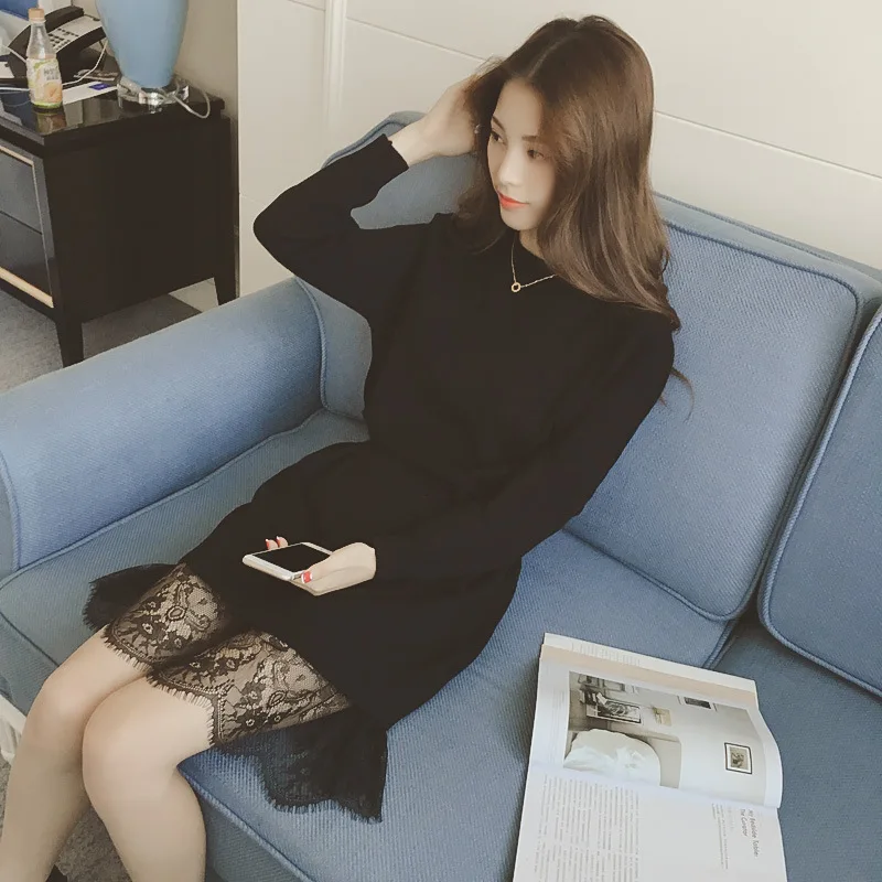 

2019 Summer New Style WOMEN'S Dress Lace Dress Mid-length Korean-style Slim Fit Skirt Autumn And Winter Black And White with Pat