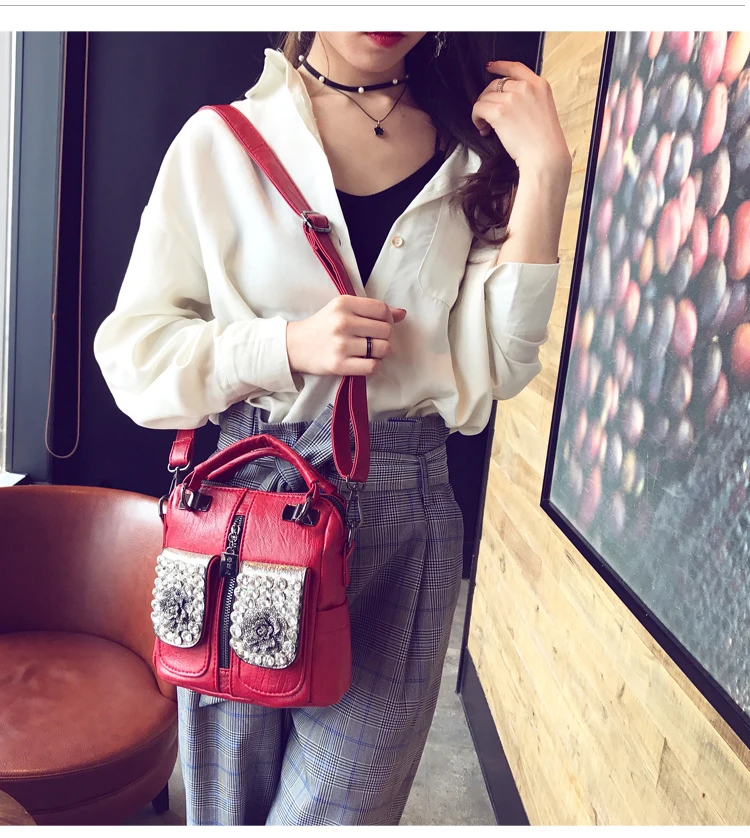 Advanced custom women handbag diamond flower multi-function handbag solid color PU custom shoulder bag