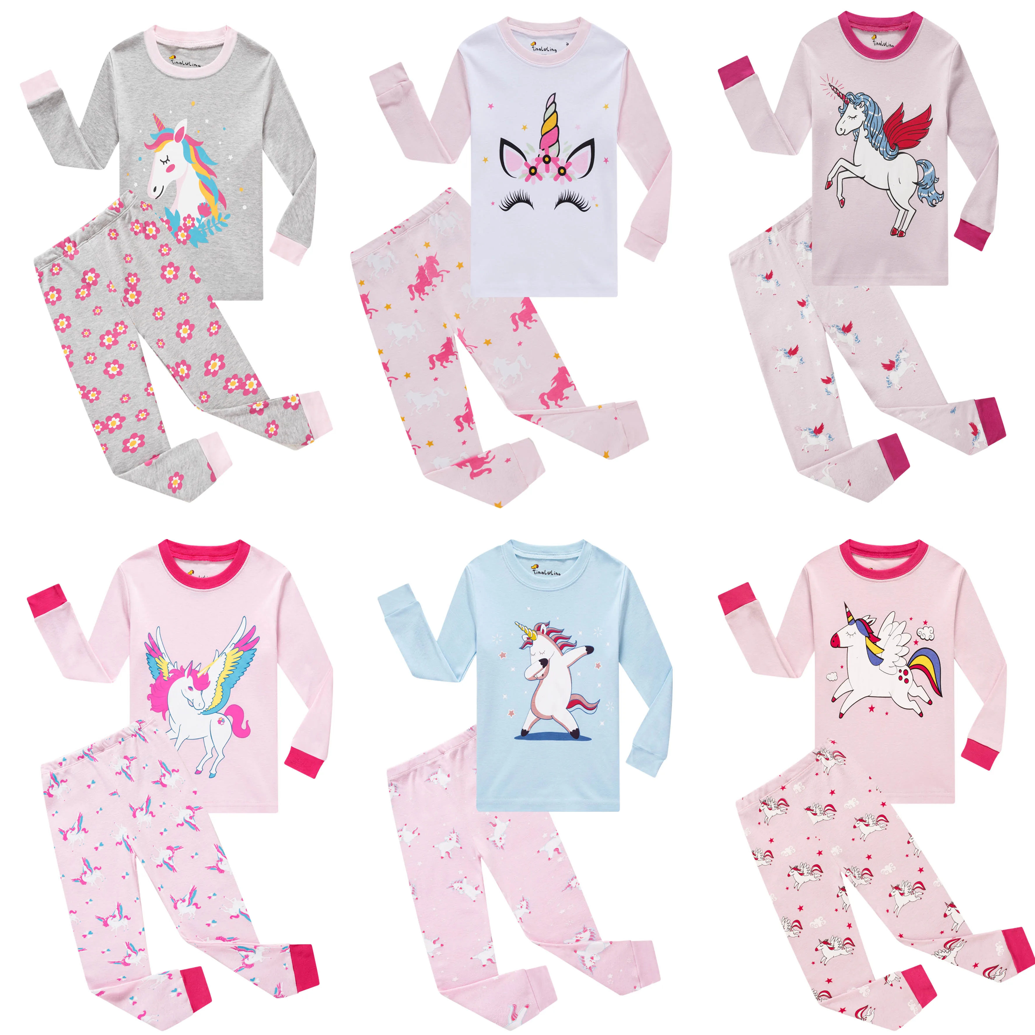 Pajamas-Sets Unicorn Christmas Girls Kids Boys And Red White Striped for 1-8years