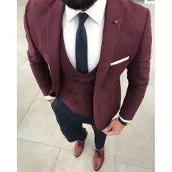 Latest Peak Lapel Design Men's Burgundy Suits Hot Selling Custom Made Single Breasted Trendy Casual Wear Blazer 3 Pieces Skinny