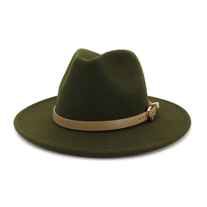 Army Green fedora FS 16 цветов, женские фетровые шляпы, Мужские фетровые шляпы с поясом, винтажные шляпы Трилби, шерсть, зимняя теплая джазовая шляпа с широкими полями, женская шапка - Цвет: Army Green fedora