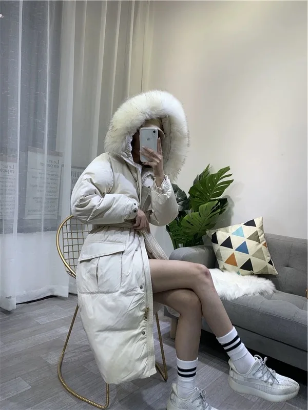 Женский пуховик, длинные, до колена, большие шерстяные, с воротником, новинка, утолщенная, Корейская версия, тонкая талия